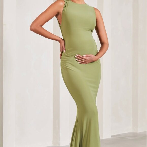 Club L London Riley Olive Ruched Sleeveless Open-Back Maternity Maxi Dress - Picture 3 of 10